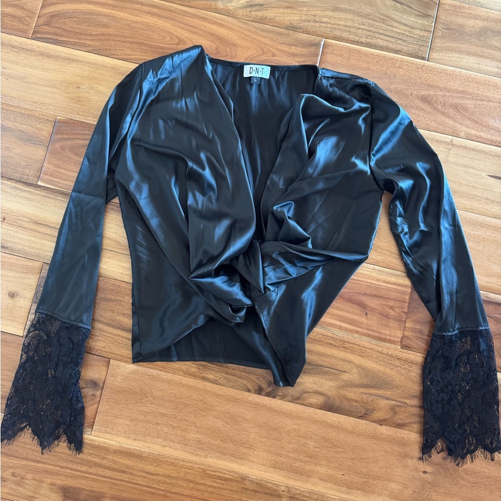 DNT Black Satin Top with Lace Cuffs